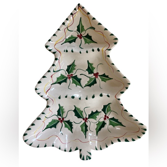 Hand painted Christmas Tree Holly Ivy Divided Dish Ceramic Porcelain. Italy - Picture 1 of 8